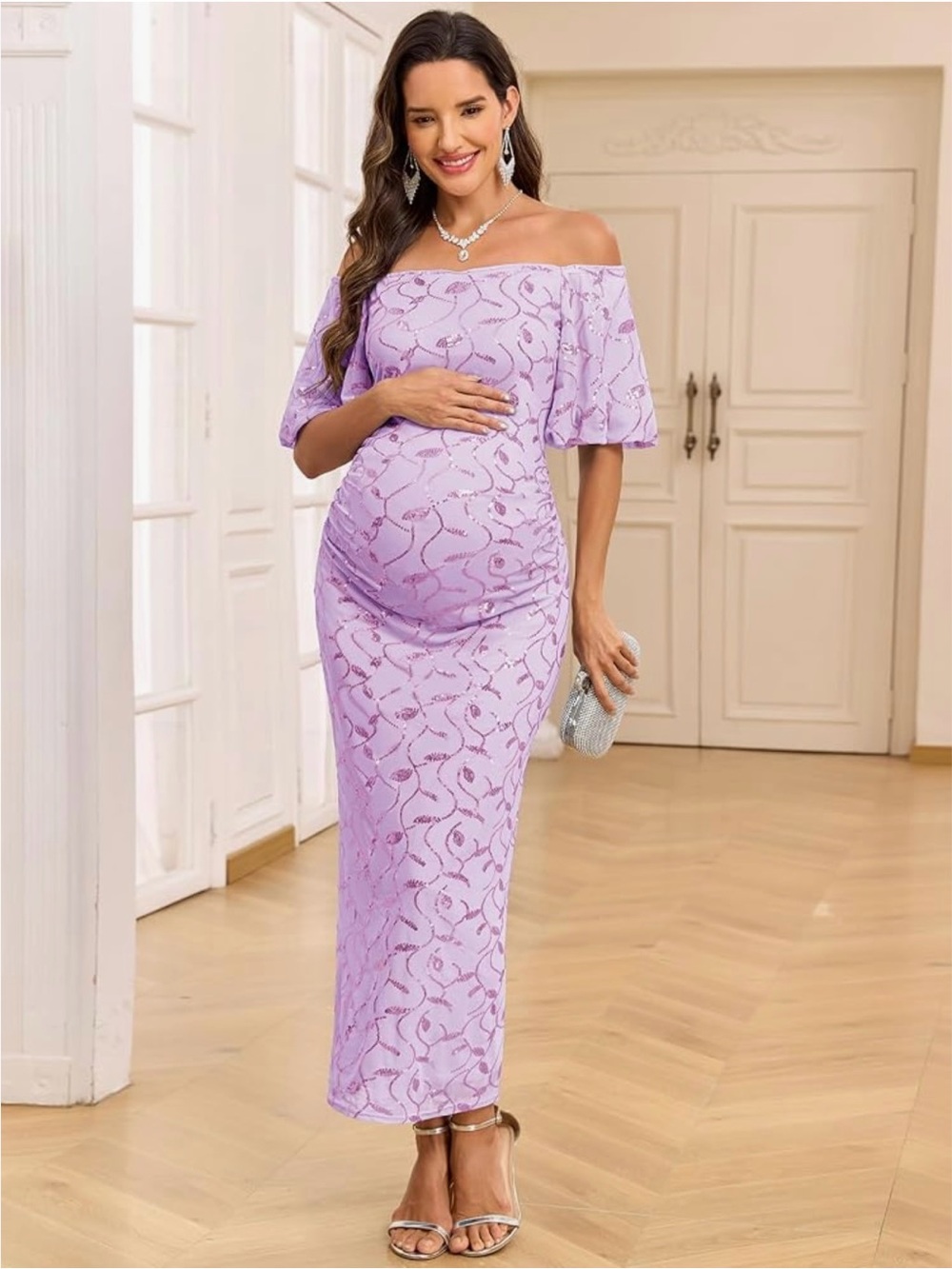 NWT AISWI Maternity Off The Shoulder Sequin Maxi Dress